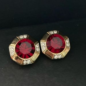 Vintage Swarovski Austrian Red & Clear Crystal Octagonal Clip Earrings 1"